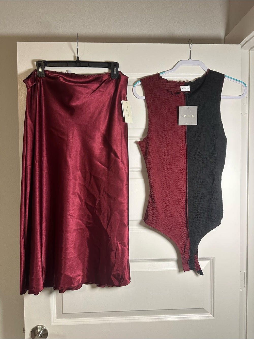 Le Lis Burgundy and Black Colorblock Ribbed Bodysuit with Burgundy Satin Skirt